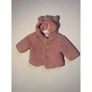 Baby Gap pink Sherpa button up hooded jacket with animal ears 0-3m